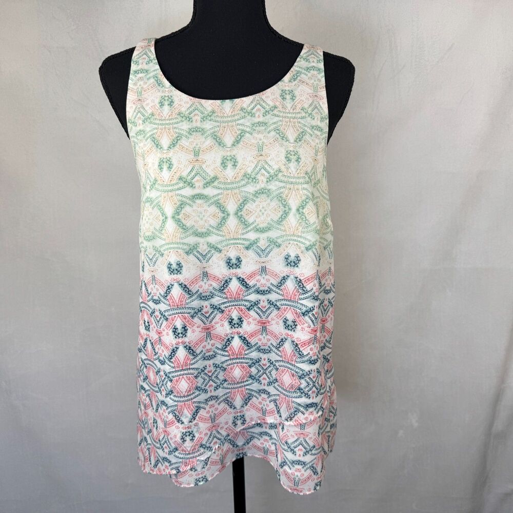 CAbi Top Sz S Scoop Neck Sleeveless Chiffon Layered Lined Mosaic Print